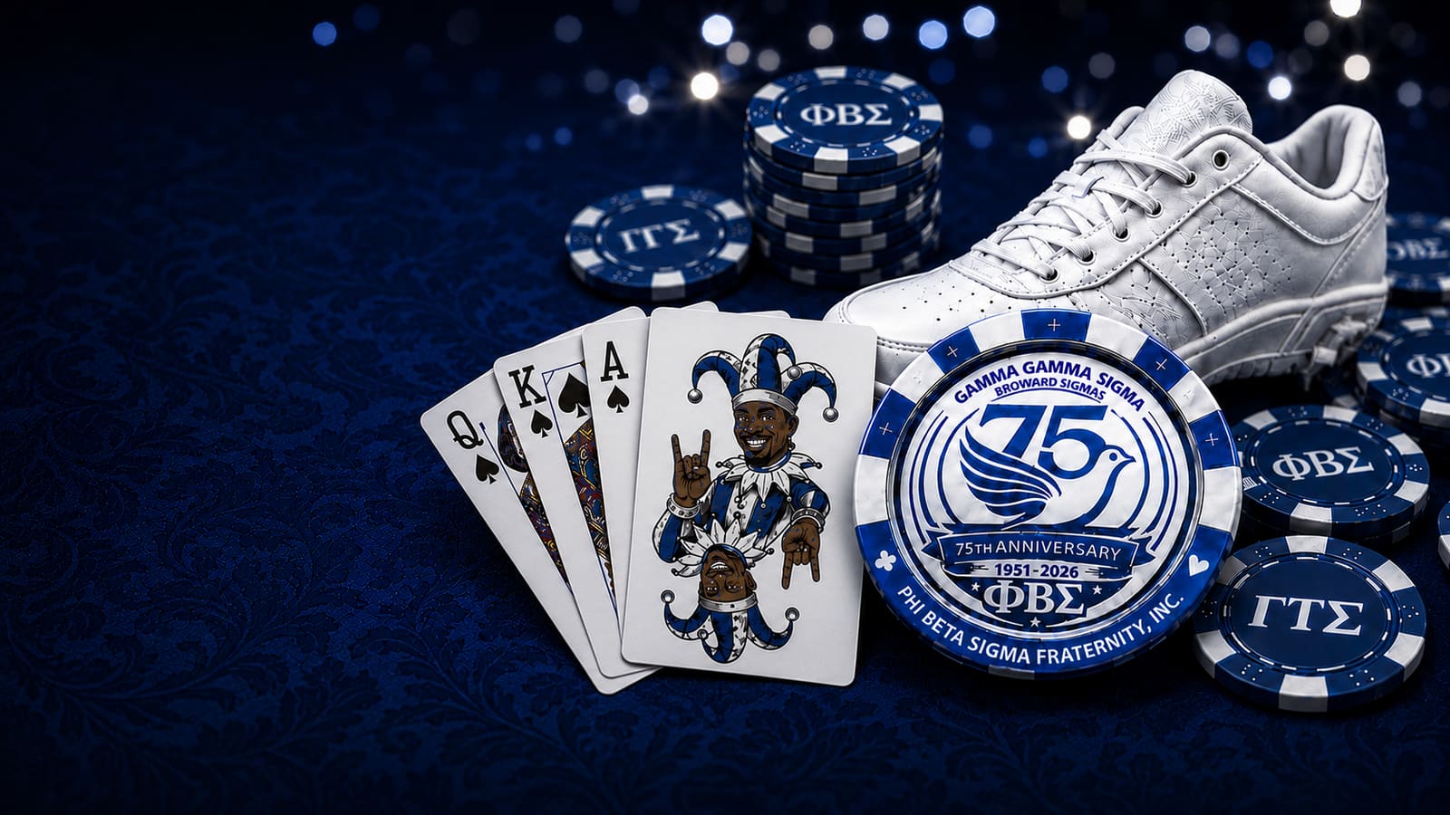 Casino-themed BLUSINO 2026 artwork with playing cards, blue casino chips, a white sneaker, and a silver 75th anniversary emblem.