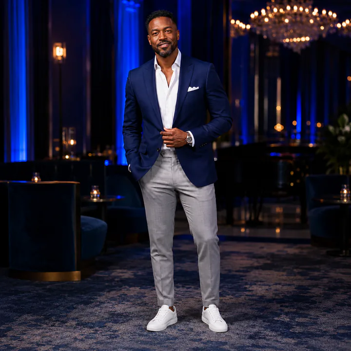Man in a navy blazer, white shirt, gray trousers, and clean white sneakers in a blue-lit event hall.